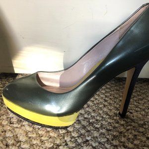 Vince Camuto PVC Stiletto Heel, yellow suede platform, purple animal print heel